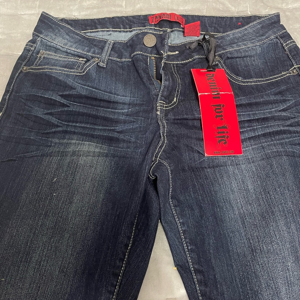 Zanadi jeans dark blue denim Raised Whiskering 5 Pocket Skinny Jeans, Size 15